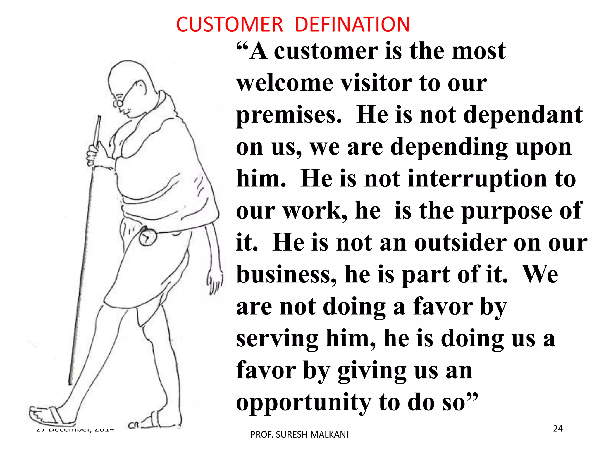 27 December, 2014
CUSTOMER CARE - IREF
PROF. SURESH MALKANI
24
“A customer is the most
welcome visitor to our
premises. He is not dependant
on us, we are depending upon
him. He is not interruption to
our work, he is the purpose of
it. He is not an outsider on our
business, he is part of it. We
are not doing a favor by
serving him, he is doing us a
favor by giving us an
opportunity to do so”
CUSTOMER DEFINATION
 