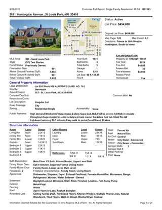 8/12/2010                                                               Customer Full Report, Single Family Residential, MLS#: 3957583

3811 Huntington Avenue , St Louis Park, MN 55416
                                                                                                  Status: Active
                                                                                                  List Price: $454,000


                                                                                                  Original List Price: $454,000

                                                                                                  Map Page: 120            Map Coord: A1
                                                                                                  Directions: France to 38th West to
                                                                                                  Huntington, South to home



                                                                                                            TAX INFORMATION
MLS Area:      391 - Saint Louis Park                              Year Built:    1941                      Property ID: 0702824110037
Style:         (SF) Two Stories                                    Bedrooms:          3                     Tax Year:             2010
Const Status: Previously Owned                                     Total Baths:       3                     Tax Amt:            $4,803
Foundation Size:                        901                        Garage:            1                     Assess Bal:             $0
Above Ground Finished SqFt:           1,554                        Acres:          0.19                     Tax w/assess:       $4,803
Below Ground Finished SqFt:             901                        Lot Size: 60 X 135.91                    Assess Pend:
Total Finished SqFt:                  2,455                        Fire #:                                  Homestead:             Yes
General Property Information
Legal Description:        Lot 026 Block 000 AUDITOR'S SUBD. NO. 301
County:                    Hennepin
School District:          283 - St. Louis Park, 952-928-6000
Complex/Dev/Sub:                                                                                          Common Wall: No
Restrictions/Covts:
Lot Description:          Irregular Lot
Road Frontage:            City
Zoning:                   Residential-Single                       Accessibility:     None
Public Remarks:       High demand Minikahda Vista,classic 2-story Cape Cod.3bd,2 full ba on one lvl.Walk-in closets
                      throughout,huge master br suite includes private master ba &claw foot tub.Hdwd flrs &2
                      frpl.Award winning SLP schools.Easy walk to parks,Excel/Grand &Lakes

Structure Information
Room           Level         Dimen        Other Rooms                  Level           Dimen         Heat:    Forced Air
Living Rm      Main          23X13        Laundry                      Lower           23X11         Fuel:    Natural Gas
Dining Rm      Main          11X13        Deck                         Main            18X15         Air Cnd: Central
Family Rm      Lower         12X23        Foyer                        Upper           7X5           Water: City Water - Connected
Kitchen        Main          14.5X11      Sun Room                     Main            12X13         Sewer: City Sewer - Connected
Bedroom 1      Upper         23X13                                                                   Garage Stalls:    1
Bedroom 2      Upper         11X11                                                                   Garage Stall #:
Bedroom 3      Upper         14X11        Bathrooms:        Total: 3        Full: 2                  Other Parking:
Bedroom 4                                                   3/4: 0                                   Pool: None
                                                                            1/2: 1       1/4: 0
Bath Description:       Main Floor 1/2 Bath, Private Master, Upper Level Bath
Dining Room Desc:       Eat In Kitchen, Separate/Formal Dining Room
Family Room Char:       Family Room, Lower Level, Main Level
Fireplaces: 2           Fireplace Characteristics: Family Room, Living Room
Appliances:             Dishwasher, Disposal, Dryer, Exhaust Fan/Hood, Furnace Humidifier, Microwave, Range,
                        Refrigerator, Washer, Water Softener - Owned
Basement:               Daylight/Lookout Windows, Drain Tiled, Finished (Livable), Full, Sump Pump
Exterior:               Metal/Vinyl
Fencing:                Wood
Roof:                   Age 8 Years or Less, Asphalt Shingles
Amenities-Unit:         Ceiling Fan(s), Deck, Hardwood Floors, Kitchen Window, Multiple Phone Lines, Natural
                        Woodwork, Tiled Floors, Walk-In Closet, Washer/Dryer Hookup

Information Deemed Reliable But Not Guaranteed. © 2010 Regional MLS of Minn., Inc. All Rights Reserved.                           Page 1 of 21
 