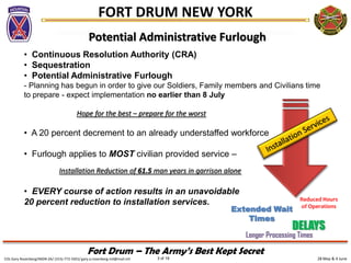 28 May & 4 JuneCOL Gary Rosenberg/IMDR-ZA/ (315)-772-5501/ gary.a.rosenberg.mil@mail.mil 3 of 19
FORT DRUM NEW YORK
Fort Drum – The Army’s Best Kept Secret
• Continuous Resolution Authority (CRA)
• Sequestration
• Potential Administrative Furlough
- Planning has begun in order to give our Soldiers, Family members and Civilians time
to prepare - expect implementation no earlier than 8 July
Hope for the best – prepare for the worst
• A 20 percent decrement to an already understaffed workforce
• Furlough applies to MOST civilian provided service –
Installation Reduction of 61.5 man years in garrison alone
• EVERY course of action results in an unavoidable
20 percent reduction to installation services.
Potential Administrative Furlough
Extended Wait
Times
Longer Processing Times
Reduced Hours
of Operations
DELAYS
 
