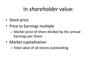 In shareholder value:
• Stock price
• Price to Earnings multiple
– Market price of share divided by the annual
Earnings per Share
• Market capitalisation
– Total value of all shares outstanding
 