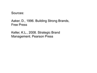 Sources:
Aaker, D., 1996. Building Strong Brands,
Free Press
Keller, K.L., 2008. Strategic Brand
Management. Pearson Press
 