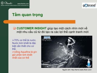 Tầm quan trọng


   CUSTOMER INSIGHT giúp tạo một cách nhìn mới về
   một nhu cầu cũ từ đó tạo ra các lợi thế cạnh tranh mới

  70% cơ thể là nước.
Nước tinh khiết là đặc
biệt cần thiết cho cơ
thể.
  Uống Aquafina là gìn
giữ phần tinh khiết
nhất của cơ thể



                                     Nguồn ảnh: http://farm2.static.flickr.com/
 
