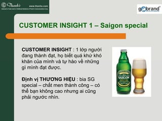 CUSTOMER INSIGHT 1 – Saigon special


CUSTOMER INSIGHT : 1 lớp người
đang thành đạt, họ biết quá khứ khó
khăn của mình và tự hào về những
gì mình đạt được.

Định vị THƯƠNG HIỆU : bia SG
special – chất men thành công – có
thể bạn không cao nhưng ai cũng
phải ngước nhìn.
 