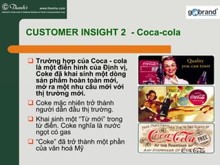 CUSTOMER INSIGHT 2 - Coca-cola


 Trường hợp của Coca - cola
 là một điển hình của Định vị,
 Coke đã khai sinh một dòng
 sản phẩm hoàn toàn mới,
 mở ra một nhu cầu mới với
 thị trường mới.
 Coke mặc nhiên trở thành
 người dẫn đầu thị trường.
 Khai sinh một “Từ mới” trong
 từ điển. Coke nghĩa là nước
 ngọt có gas
 “Coke” đã trở thành một phần
 của văn hoá Mỹ
 