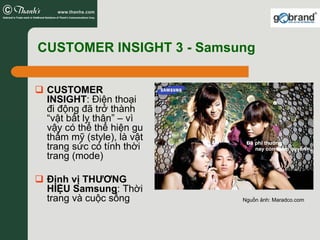 CUSTOMER INSIGHT 3 - Samsung


 CUSTOMER
 INSIGHT: Điện thoại
 đi động đã trở thành
 “vật bất ly thân” – vì
 vậy có thể thể hiện gu
 thẩm mỹ (style), là vật
 trang sức có tính thời
 trang (mode)

 Định vị THƯƠNG
 HIỆU Samsung: Thời
 trang và cuộc sống        Nguồn ảnh: Maradco.com
 
