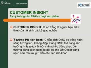 CUSTOMER INSIGHT
Tạo ý tưởng cho PR/kích hoạt sản phẩm



  CUSTOMER INSIGHT: tà áo trắng là người bạn thân
  thiết của nữ sinh bất kể giàu nghèo


  Ý tưởng PR kích hoạt: “Chiến dịch OMO áo trắng ngời
  sáng tương lai”. Thông điệp: Cùng OMO toả sáng sân
  trường. Hãy giúp các nữ sinh nghèo đồng phục đến
  trường bằng cách gom áo dài cũ cho OMO giặt trắng
  sạch như mới rồi gửi đến các bạn khó khăn
 