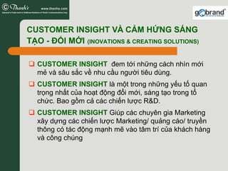CUSTOMER INSIGHT VÀ CẢM HỨNG SÁNG
TẠO - ĐỔI MỚI (INOVATIONS & CREATING SOLUTIONS)

  CUSTOMER INSIGHT đem tới những cách nhìn mới
  mẻ và sâu sắc về nhu cầu người tiêu dùng.
  CUSTOMER INSIGHT là một trong những yếu tố quan
  trọng nhất của hoạt động đổi mới, sáng tạo trong tổ
  chức. Bao gồm cả các chiến lược R&D.
  CUSTOMER INSIGHT Giúp các chuyên gia Marketing
  xây dựng các chiến lược Marketing/ quảng cáo/ truyền
  thông có tác động mạnh mẽ vào tâm trí của khách hàng
  và công chúng
 
