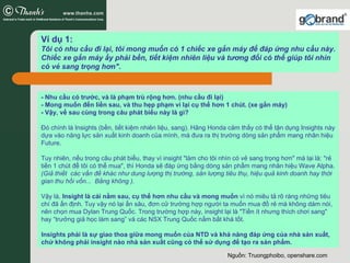 Ví dụ 1:
Tôi có nhu cầu đi lại, tôi mong muốn có 1 chiếc xe gắn máy để đáp ứng nhu cầu này.
Chiếc xe gắn máy ấy phải bền, tiết kiệm nhiên liệu và tương đối có thể giúp tôi nhìn
có vẻ sang trọng hơn".



- Nhu cầu có trước, và là phạm trù rộng hơn. (nhu cầu đi lại)
- Mong muốn đến liền sau, và thu hẹp phạm vi lại cụ thể hơn 1 chút. (xe gắn máy)
- Vậy, vế sau cùng trong câu phát biểu này là gì?

Đó chính là Insights (bền, tiết kiệm nhiên liệu, sang). Hãng Honda cảm thấy có thể tận dụng Insights này
dựa vào năng lực sản xuất kinh doanh của mình, mà đưa ra thị trường dòng sản phẩm mang nhãn hiệu
Future.

Tuy nhiên, nếu trong câu phát biểu, thay vì insight "làm cho tôi nhìn có vẻ sang trọng hơn" mà lại là: "rẻ
tiền 1 chút để tôi có thể mua", thì Honda sẽ đáp ứng bằng dòng sản phẩm mang nhãn hiệu Wave Alpha.
(Giả thiết các vấn đề khác như dung lượng thị trường, sản lượng tiêu thụ, hiệu quả kinh doanh hay thời
gian thu hồi vốn... Bằng không ).

Vậy là, Insight là cái nằm sau, cụ thể hơn nhu cầu và mong muốn vì nó miêu tả rõ ràng những tiêu
chí đã ấn định. Tuy vậy nó lại ẩn sâu, đơn cử trường hợp người ta muốn mua đồ rẻ mà không dám nói,
nên chọn mua Dylan Trung Quốc. Trong trường hợp này, insight lại là "Tiền ít nhưng thích chơi sang"
hay “trưởng giả học làm sang” và các NSX Trung Quốc nắm bắt khá tốt.

Insights phải là sự giao thoa giữa mong muốn của NTD và khả năng đáp ứng của nhà sản xuất,
chứ không phải insight nào nhà sản xuất cũng có thể sử dụng để tạo ra sản phẩm.

                                                                   Nguồn: Truongphoibo, openshare.com
 