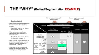 THE “WHY” (Behind Segmentation EXAMPLE)
Questions Explored
§ What makes customers more likely to
become product advocates for a
product?
– Specifically, what are the drivers
for Segment I and III?
§ What makes customers likely to
become high users of product at
time of launch?
– Specifically, what are the drivers
for Segments IV, V and VI?
§ What accounts for the differences in
product advocacy / usage between
older and younger customers in
Segments IV, V, and VI?
§ What other market attributes help
explain why population density is a
meaningful cut of Segment IV?
Customer
Market
Higher Customer Volume (Population)
Market/Customer
Behavior
Urban/Rural
Population Volume
Demographics
Apathetic Indifference
Age <50 Age 50
and over
Market
Population Less
than 100,000
Market
Populati
on
100,000
or more
MA
RK
Pop
Dens
<1500
ppl/mi2
Pop
Dens
1500+
ppl/mi2
Other
Markets
I
II
III
IVa
V
VI
IVb
Primary targets for product
advocacy
Potential customer targets for
product usage
(IVA + IVB)
IV
 