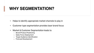WHY SEGMENTATION?
• Helps to identify appropriate market channels to play in
• Customer type segmentation provides laser brand focus
• Market & Customer Segmentation leads to:
– Brand Product Positioning
– Sales Force Deployment
– Target Audience Identification
– Forecast Development
 