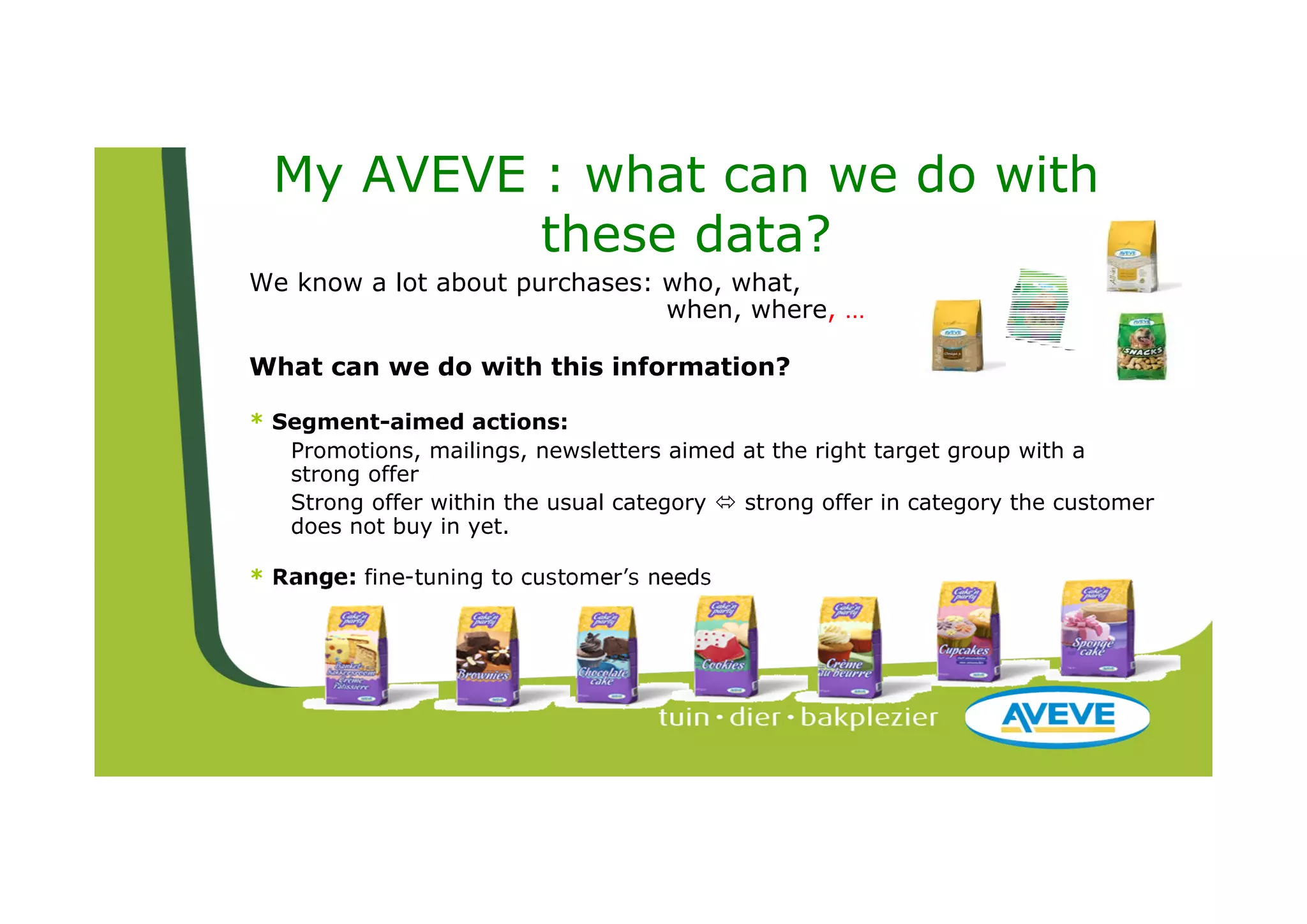 My AVEVE : what can we do with
           these data?
We know a lot about purchases: who, what,
                               when, where, …

What can we do with this information?

* Segment-aimed actions:
   Promotions, mailings, newsletters aimed at the right target group with a
   strong offer
   Strong offer within the usual category  strong offer in category the customer
   does not buy in yet.

* Range: fine-tuning to customer’s needs
 