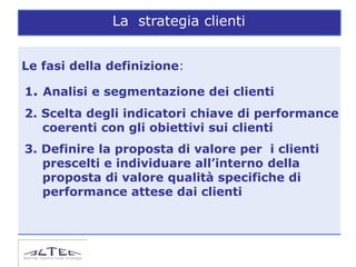 La strategia clienti


Le fasi della definizione:

1. Analisi e segmentazione dei clienti
2. Scelta degli indicatori chiave di performance
   coerenti con gli obiettivi sui clienti
3. Definire la proposta di valore per i clienti
   prescelti e individuare all’interno della
   proposta di valore qualità specifiche di
   performance attese dai clienti
 