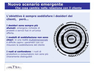 Nuovo scenario emergente
        Che cosa cambia nella relazione con il cliente


L’obiettivo è sempre soddisfare i desideri dei
clienti, però...

I desideri sono sempre più
sfumati: emergono richieste di
prodotti e servizi fusi in un’unica
offerta.

I modelli di soddisfazione non sono
chiari: in una realtà multidimensionale
è difficile capire i parametri con cui
misurare la soddisfazione del cliente


I ruoli si confondono: i ruoli di
produttore e consumatore non sono più
chiaramente distinguibili
 