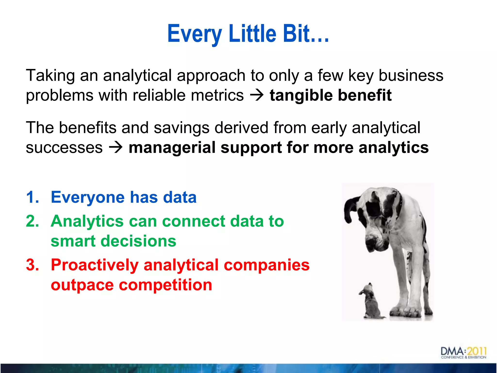 Every Little Bit…
Taking an analytical approach to only a few key business
problems with reliable metrics  tangible benefit
The benefits and savings derived from early analytical
successes  managerial support for more analytics


1. Everyone has data
2. Analytics can connect data to
   smart decisions
3. Proactively analytical companies
   outpace competition
 