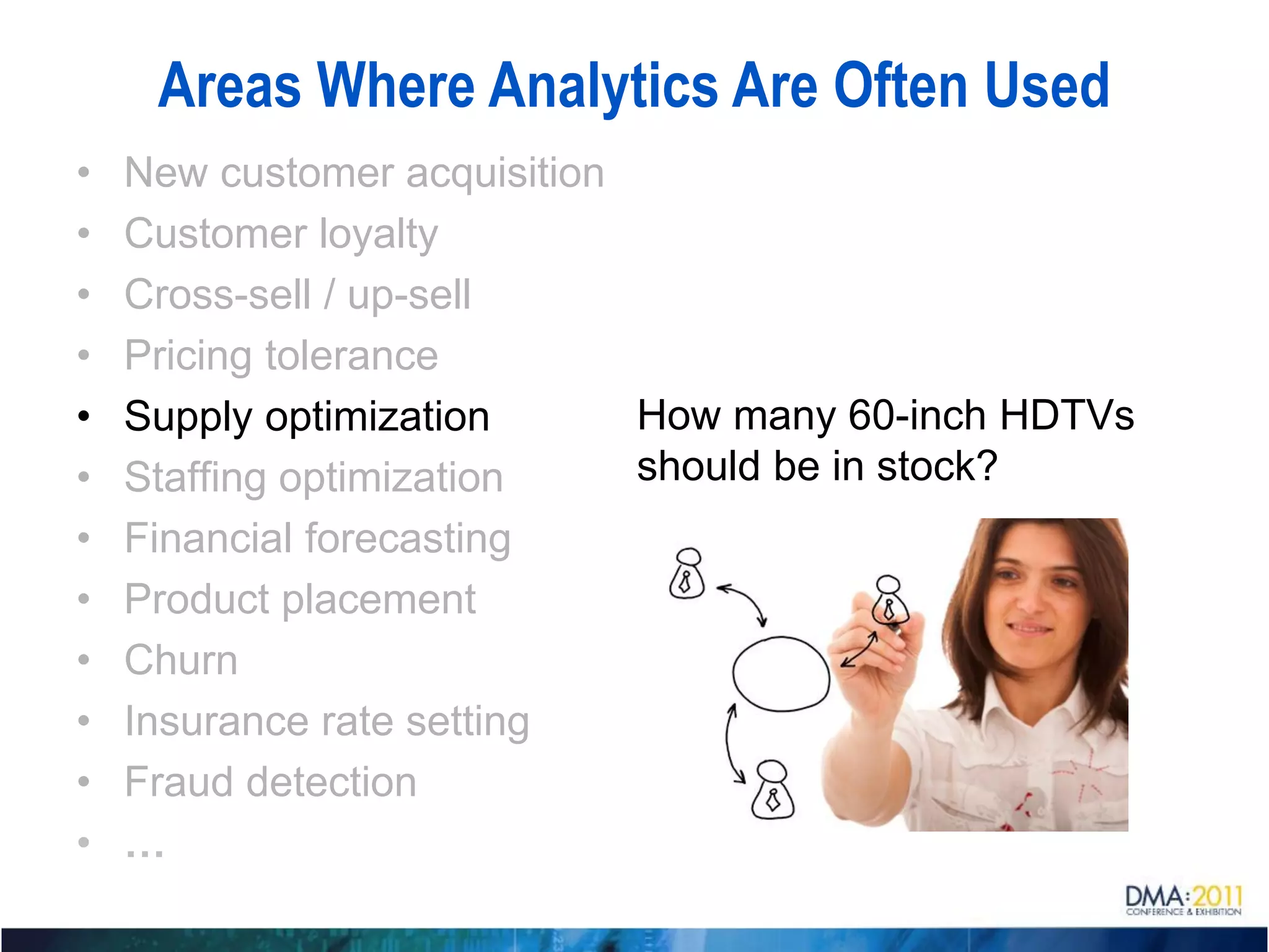 Areas Where Analytics Are Often Used
•   New customer acquisition
•   Customer loyalty
•   Cross-sell / up-sell
•   Pricing tolerance
•   Supply optimization      How many 60-inch HDTVs
•   Staffing optimization    should be in stock?
•   Financial forecasting
•   Product placement
•   Churn
•   Insurance rate setting
•   Fraud detection
•   …
 