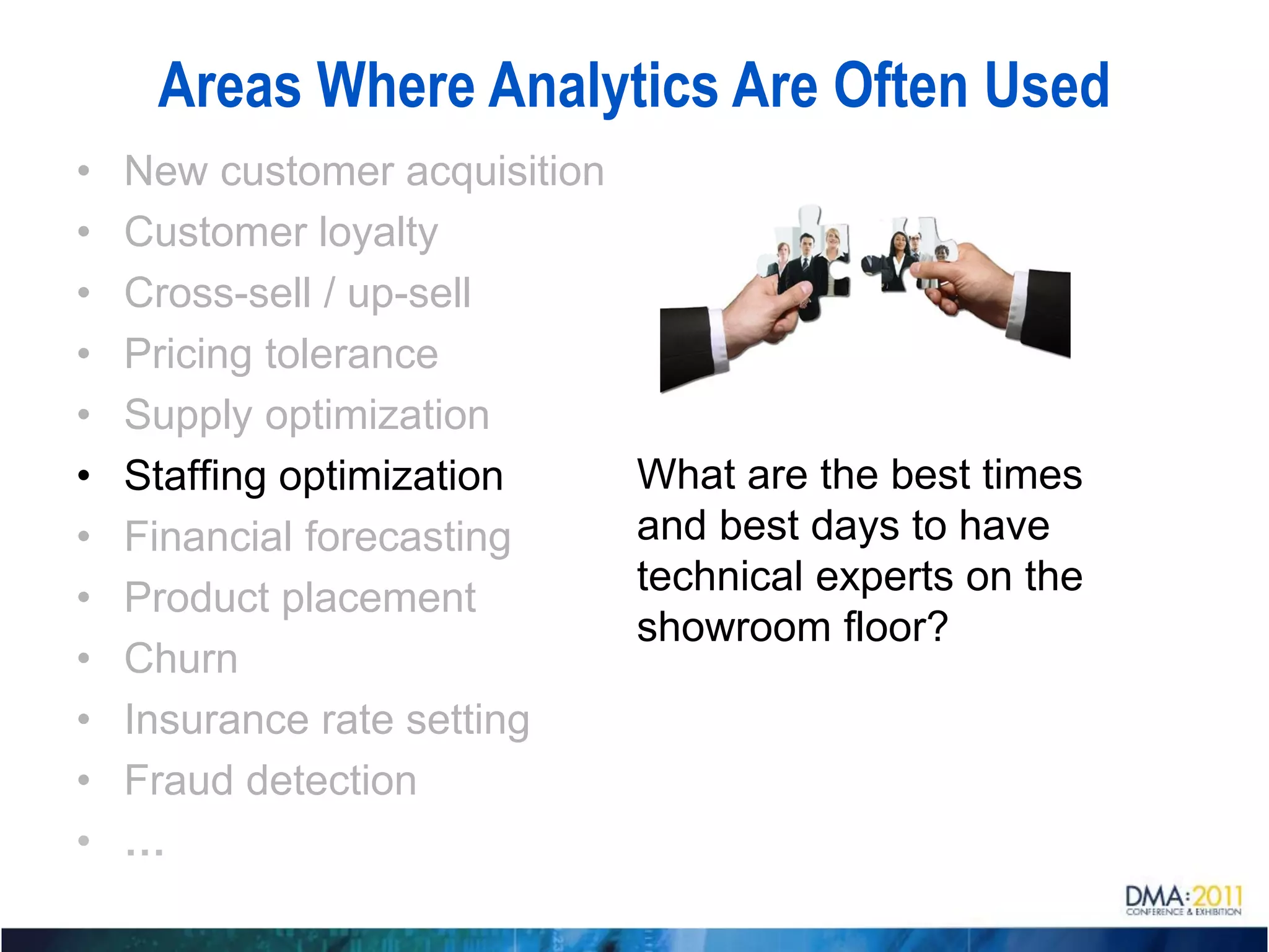 Areas Where Analytics Are Often Used
•   New customer acquisition
•   Customer loyalty
•   Cross-sell / up-sell
•   Pricing tolerance
•   Supply optimization
•   Staffing optimization      What are the best times
•   Financial forecasting      and best days to have
                               technical experts on the
•   Product placement
                               showroom floor?
•   Churn
•   Insurance rate setting
•   Fraud detection
•   …
 