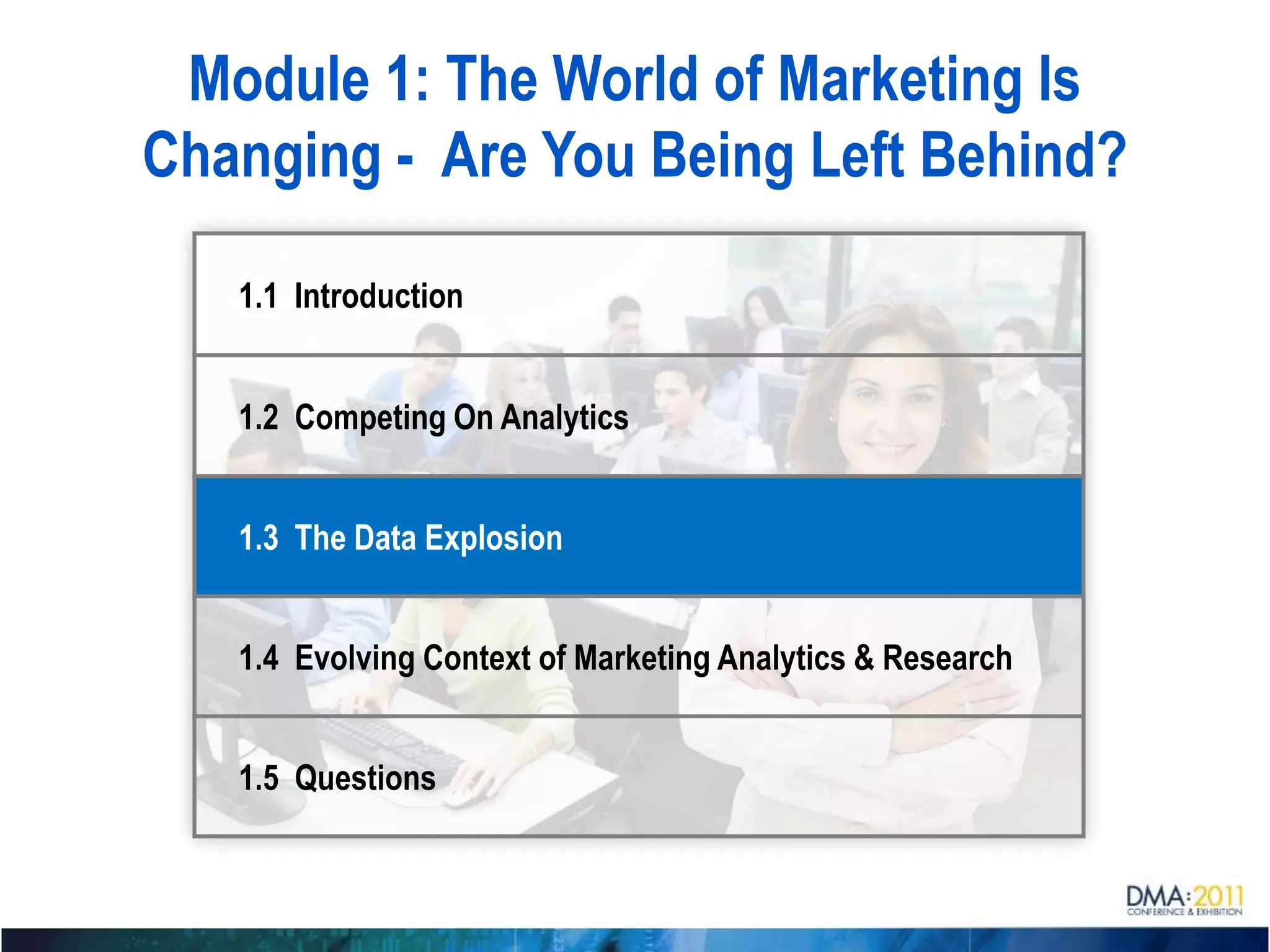 Module 1: The World of Marketing Is
Changing - Are You Being Left Behind?

   1.1 Introduction


   1.2 Competing On Analytics


   1.3 The Data Explosion


   1.4 Evolving Context of Marketing Analytics & Research


   1.5 Questions
 