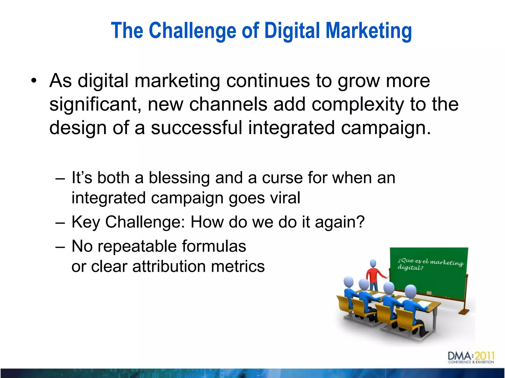The Challenge of Digital Marketing

• As digital marketing continues to grow more
  significant, new channels add complexity to the
  design of a successful integrated campaign.

  – It’s both a blessing and a curse for when an
    integrated campaign goes viral
  – Key Challenge: How do we do it again?
  – No repeatable formulas
    or clear attribution metrics
 