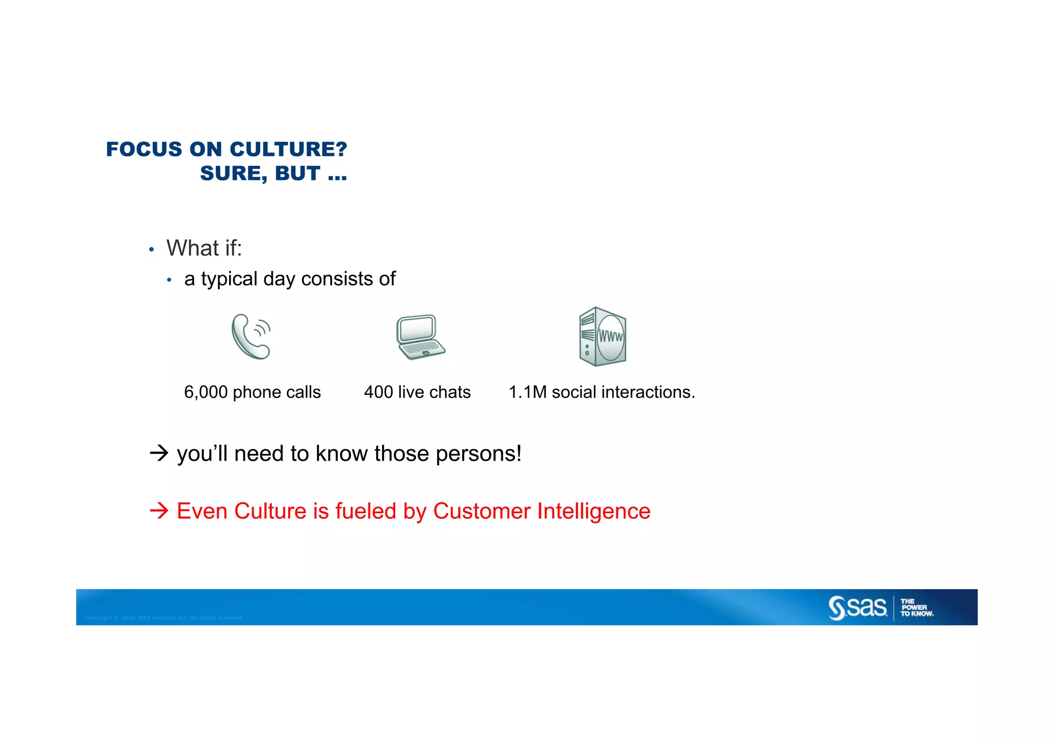 FOCUS ON CULTURE?
              SURE, BUT …


                      •      What if:
                             •     a typical day consists of




                                   6,000 phone calls        400 live chats   1.1M social interactions.


                                 you’ll need to know those persons!

                                 Even Culture is fueled by Customer Intelligence



Copyright © 2012, SAS Institute Inc. All rights reserved.
 