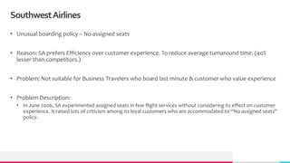 SouthwestAirlines
• Unusual boarding policy – No assigned seats
• Reason: SA prefers Efficiency over customer experience. To reduce average turnaround time. (40%
lesser than competitors.)
• Problem: Not suitable for Business Travelers who board last minute & customer who value experience
• Problem Description:
• In June 2006, SA experimented assigned seats in few flight services without considering its effect on customer
experience. It raised lots of criticism among its loyal customers who are accommodated to “No assigned seats”
policy.
 