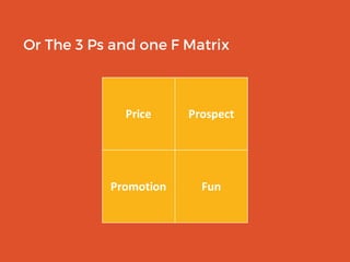 Or The 3 Ps and one F Matrix
Price Prospect
Promotion Fun
 