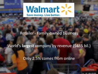 Retailer - Family-owned business
World's largest company by revenue ($485 bil.)
Only 2.5% comes from online
 