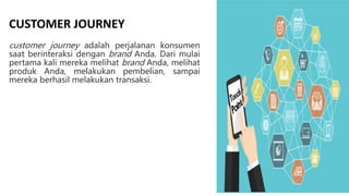 customer journey adalah perjalanan konsumen
saat berinteraksi dengan brand Anda. Dari mulai
pertama kali mereka melihat brand Anda, melihat
produk Anda, melakukan pembelian, sampai
mereka berhasil melakukan transaksi.
CUSTOMER JOURNEY
 