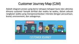 Customer Journey Map (CJM)
Adalah diagram proses yang berisi tahapan-tahapan kunci dan aktivitas
dimana customer banyak terlibat dari waktu ke waktu, dalam sebuah
rangkaian waktu yang merepresentasikan interaksi dengan perusahaan,
brand, environment, dan sebagainya.
 