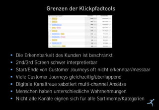 28
Grenzen der Klickpfadtools
 Die Erkennbarkeit des Kunden ist beschränkt
 2nd/3rd Screen schwer interpretierbar
 Start/Ende von Customer Journeys oft nicht erkennbar/messbar
 Viele Customer Journeys gleichzeitig/überlappend
 Digitale Kanaltreue sabotiert multi-channel Ansätze
 Menschen haben unterschiedliche Wahrnehmungen
 Nicht alle Kanäle eignen sich für alle Sortimente/Kategorien
 
