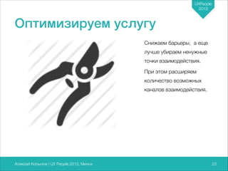 UXPeople
2013

Оптимизируем услугу
Снижаем барьеры, а еще
лучше убираем ненужные
точки взаимодействия.
При этом расширяем
количество возможных
каналов взаимодействия.

Алексей Копылов | UX People 2013, Минск

723

 