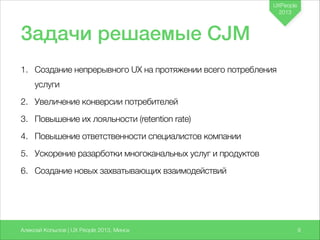 UXPeople
2013

Задачи решаемые CJM
1. Создание непрерывного UX на протяжении всего потребления
услуги
2. Увеличение конверсии потребителей
3. Повышение их лояльности (retention rate)
4. Повышение ответственности специалистов компании
5. Ускорение разарботки многоканальных услуг и продуктов
6. Создание новых захватывающих взаимодействий

Алексей Копылов | UX People 2013, Минск

79

 