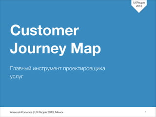 UXPeople
2013

Customer
Journey Map
!

Главный инструмент проектировщика
услуг

Алексей Копылов | UX People 2013, Минск

71

 