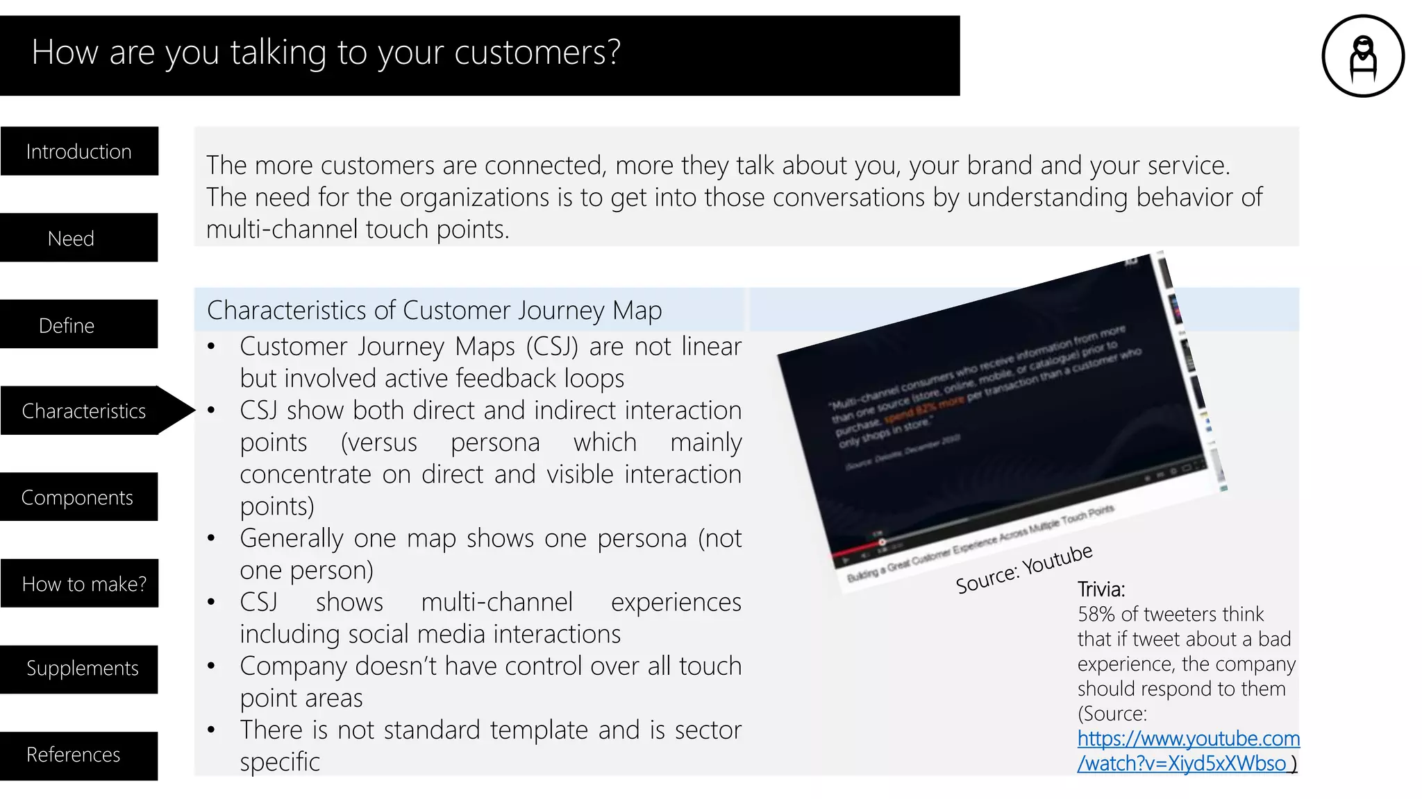 How are you talking to your customers?
The more customers are connected, more they talk about you, your brand and your service.
The need for the organizations is to get into those conversations by understanding behavior of
multi-channel touch points.
• Customer Journey Maps (CSJ) are not linear
but involved active feedback loops
• CSJ show both direct and indirect interaction
points (versus persona which mainly
concentrate on direct and visible interaction
points)
• Generally one map shows one persona (not
one person)
• CSJ shows multi-channel experiences
including social media interactions
• Company doesn’t have control over all touch
point areas
• There is not standard template and is sector
specific
Introduction
Need
Characteristics
Components
How to make?
Supplements
References
Define
Trivia:
58% of tweeters think
that if tweet about a bad
experience, the company
should respond to them
(Source:
https://www.youtube.com
/watch?v=Xiyd5xXWbso )
Characteristics of Customer Journey Map
 