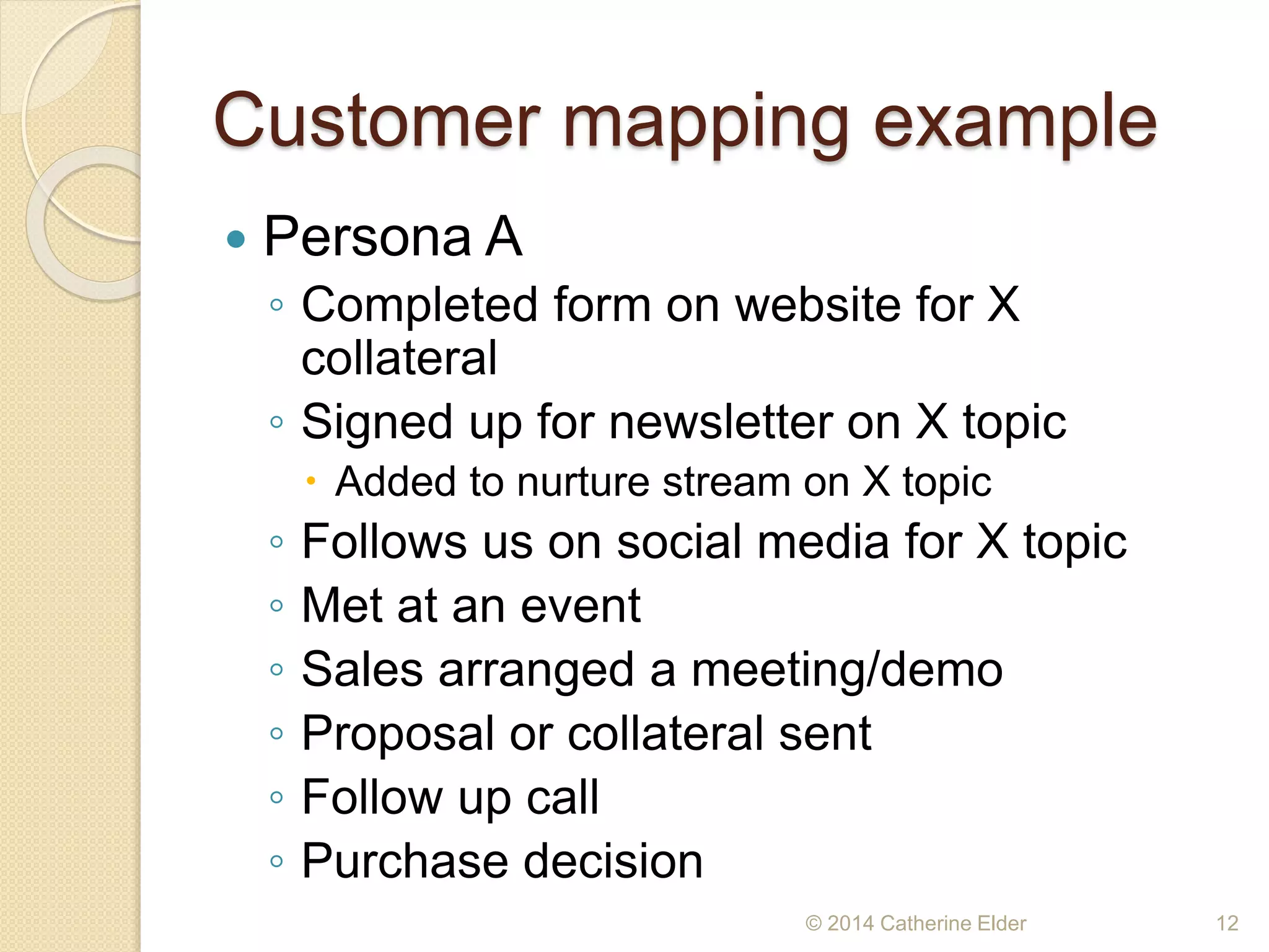 Customer mapping example
 Persona A
◦ Completed form on website for X
collateral
◦ Signed up for newsletter on X topic
 Added to nurture stream on X topic
◦ Follows us on social media for X topic
◦ Met at an event
◦ Sales arranged a meeting/demo
◦ Proposal or collateral sent
◦ Follow up call
◦ Purchase decision
© 2014 Catherine Elder 12
 
