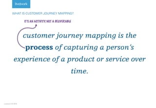 Livework © 2016
customer journey mapping is the
process of capturing a person’s
experience of a product or service over
time.
WHAT IS CUSTOMER JOURNEY MAPPING?
IT’S AN ACTIVITY, NOT A DELIVERABLE
customer journey mapping is the
process
 