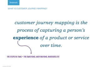 Livework © 2016
customer journey mapping is the
process of capturing a person’s
experience of a product or service
over time.
WHAT IS CUSTOMER JOURNEY MAPPING?
THE STEPS IN TIME + THE EMOTIONS, MOTIVATIONS, BARRIERS ETC
 