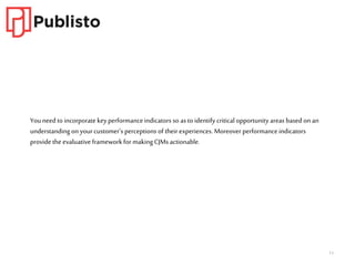 11
Youneed to incorporate keyperformanceindicators so as to identify critical opportunity areas based on an
understanding on yourcustomer’s perceptions of their experiences. Moreover performanceindicators
provide the evaluative frameworkfor makingCJMsactionable.
 