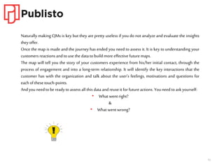 15
Naturally making CJMs is key but they are pretty useless if you do not analyze and evaluate the insights
they offer.
Once the map is made and the journey has ended you need to assess it. It is key to understanding your
customers reactions and to use the data to build moreeffective futuremaps.
The map will tell you the story of your customers experience from his/her initial contact, through the
process of engagement and into a long-term relationship. It will identify the key interactions that the
customer has with the organization and talk about the user’s feelings, motivations and questions for
each of these touch-points.
Andyouneed to be readyto assess all this data and reuseit for future actions. Youneed to ask yourself:
• What went right?
&
• What went wrong?
 