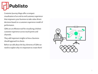 Customer JourneyMaps offer a compact
visualization of an end-to-endcustomer experience
that empowers yourbusiness to takevalue driven
decisions based on a customer experience model of
performance.
CJMsare an effective tool for visualizing a holistic
customer experience across touchpoints and
channels.
Theyadd important insights to how a business
should approach its clients.
Before wetalk about the keyelements of CJMswe
need to explain whyit is important to create them!
2
 