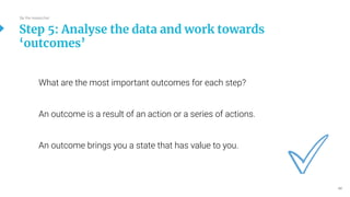 45
What are the most important outcomes for each step?
An outcome is a result of an action or a series of actions.
An outcome brings you a state that has value to you.
Step 5: Analyse the data and work towards
‘outcomes’
Be the researcher
 