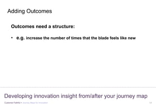 Customer Faithful > Journey Maps for Innovation 17
Developing innovation insight from/after your journey map
Outcomes need a structure:
•  e.g. increase the number of times that the blade feels like new
Adding Outcomes
 