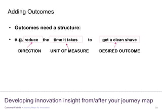 Customer Faithful > Journey Maps for Innovation 19
Developing innovation insight from/after your journey map
•  Outcomes need a structure:
•  e.g. reduce the time it takes to get a clean shave
DIRECTION UNIT OF MEASURE DESIRED OUTCOME
Adding Outcomes
 