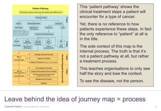 Customer Faithful > Journey Maps for Innovation 4
Leave behind the idea of journey map = process
This ‘patient pathway’ shows the
clinical treatment steps a patient will
encounter for a type of cancer.
Yet, there is no reference to how
patients experience these steps. In fact
the only reference to “patient” at all is
in the title.
The sole context of this map is the
internal process. The truth is that it’s
not a patient pathway at all, but rather
a treatment process.
This teaches organisations to only see
half the story and lose the context.
To see the disease, not the person.
 