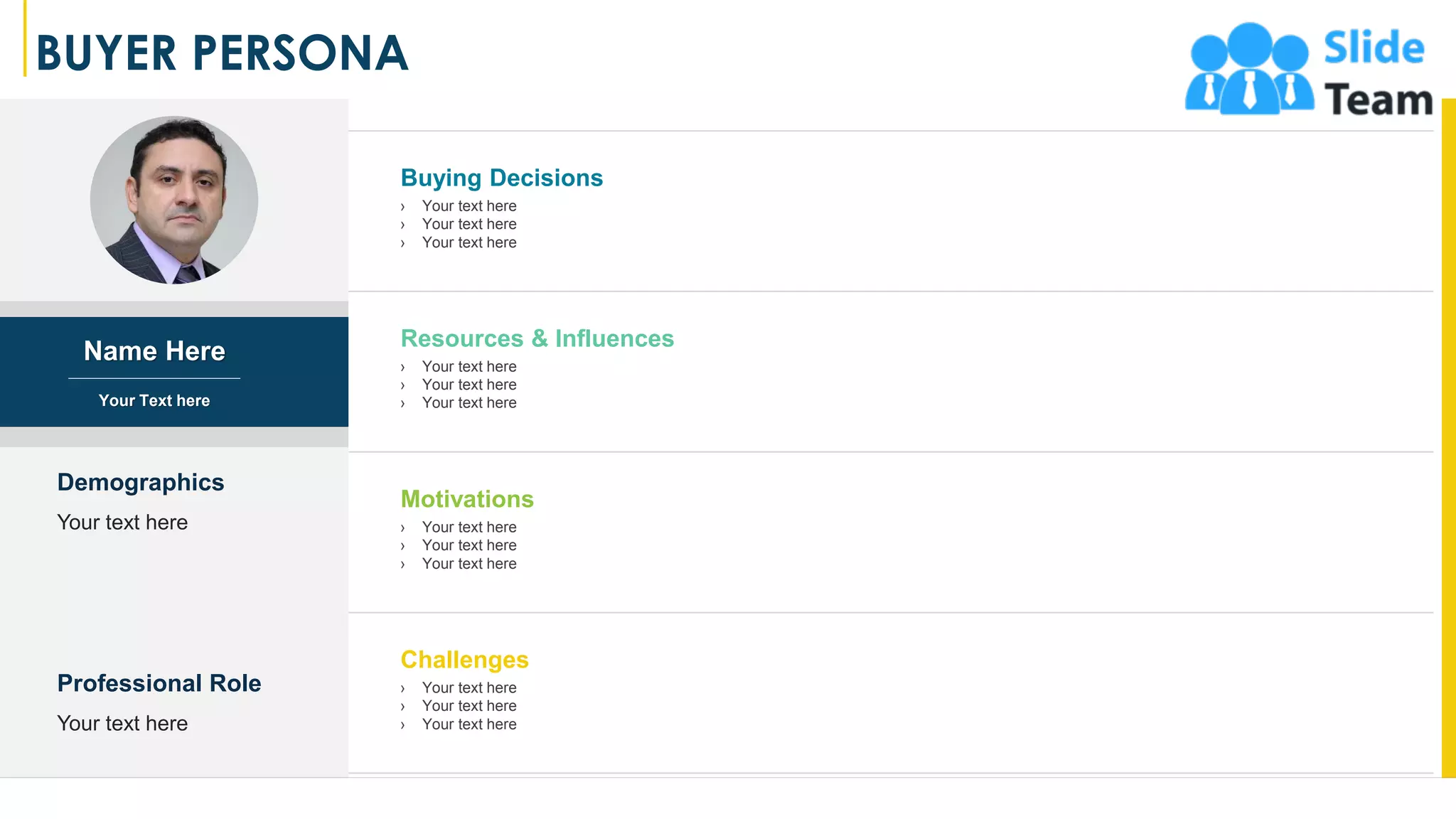 Buying Decisions
› Your text here
› Your text here
› Your text here
Resources & Influences
› Your text here
› Your text here
› Your text here
Motivations
› Your text here
› Your text here
› Your text here
Challenges
› Your text here
› Your text here
› Your text here
Name Here
Your Text here
Your text here
Demographics
Your text here
Professional Role
BUYER PERSONA
13
 