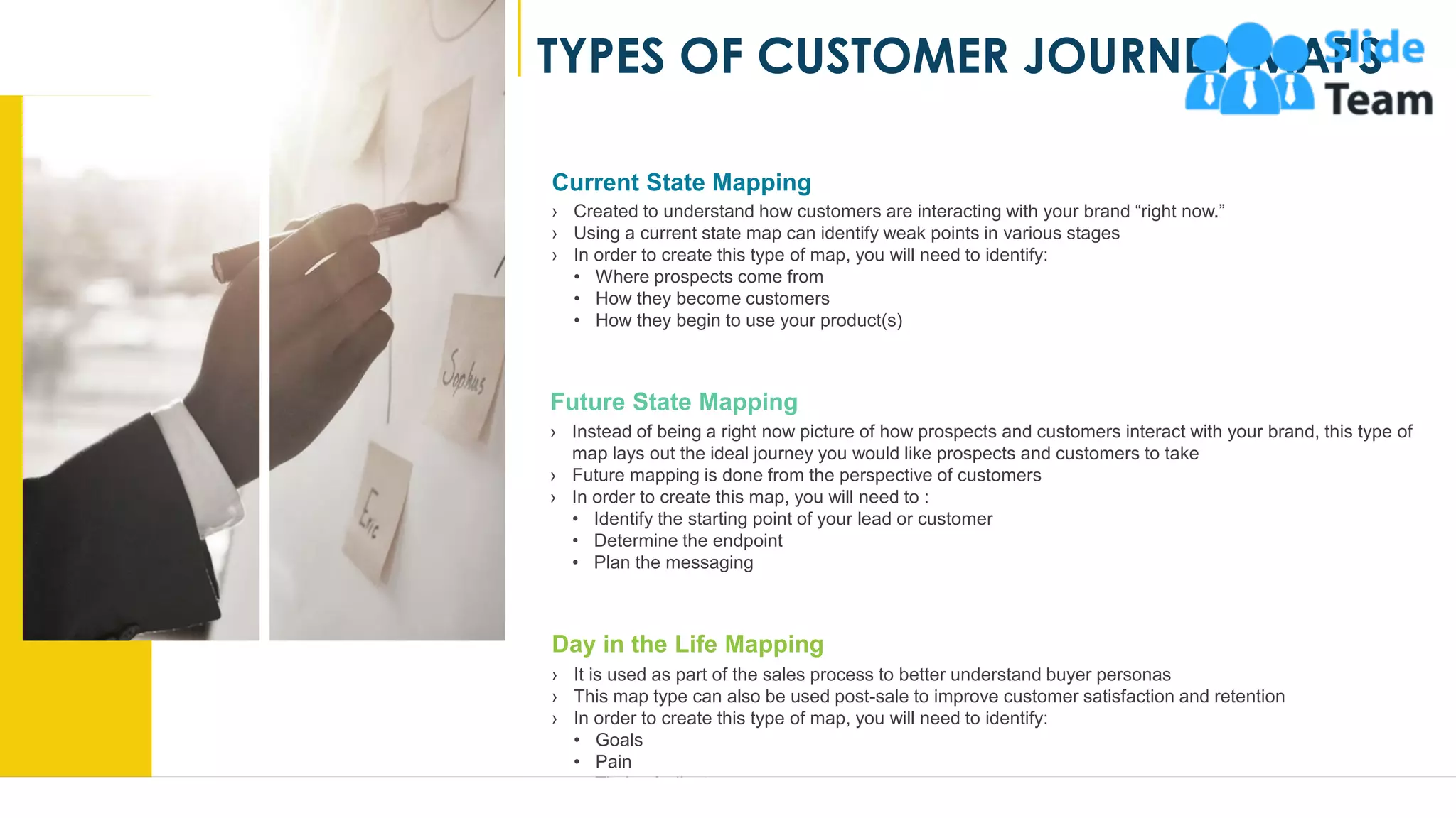 Current State Mapping
› Created to understand how customers are interacting with your brand “right now.”
› Using a current state map can identify weak points in various stages
› In order to create this type of map, you will need to identify:
• Where prospects come from
• How they become customers
• How they begin to use your product(s)
Future State Mapping
› Instead of being a right now picture of how prospects and customers interact with your brand, this type of
map lays out the ideal journey you would like prospects and customers to take
› Future mapping is done from the perspective of customers
› In order to create this map, you will need to :
• Identify the starting point of your lead or customer
• Determine the endpoint
• Plan the messaging
Day in the Life Mapping
› It is used as part of the sales process to better understand buyer personas
› This map type can also be used post-sale to improve customer satisfaction and retention
› In order to create this type of map, you will need to identify:
• Goals
• Pain
• Timing Indicators
TYPES OF CUSTOMER JOURNEY MAPS
9
 