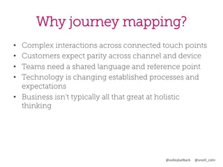 Why journey mapping?
• 
• 
• 
• 

Complex interactions across connected touch points
Customers expect parity across channel and device
Teams need a shared language and reference point
Technology is changing established processes and
expectations
•  Business isn’t typically all that great at holistic
thinking

@volleyballbarb	
  	
  	
  	
  	
  @oneill_colin	
  

 