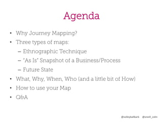 Agenda
•  Why Journey Mapping?
•  Three types of maps:
–  Ethnographic Technique
–  “As Is” Snapshot of a Business/Process
–  Future State
•  What, Why, When, Who (and a little bit of How)
•  How to use your Map
•  Q&A

@volleyballbarb	
  	
  	
  	
  	
  @oneill_colin	
  

 