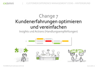 cx omni/
Change 7
Kundenerfahrungen optimieren
und vereinfachen
Insights und Actions (Handlungsempfehlungen)
03.11.2016 | 17Funnelblick #3 | © 2016 www.cxomni.net
| CUSTOMER EXPERIENCE MANAGEMENT (CEM) – HINTERGRUND
 