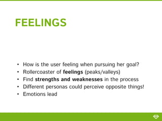 • How is the user feeling when pursuing her goal?
• Rollercoaster of feelings (peaks/valleys)
• Find strengths and weaknesses in the process
• Different personas could perceive opposite things!
• Emotions lead
FEELINGS
 