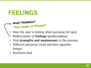 • How the user is feeling when pursuing her goal
• Rollercoaster of feelings (peaks/valleys)
• Find strengths and weaknesses in the process
• Different personas could perceive opposite
things!
• Emotions lead
FEELINGS
Kurt Vonnegut
“The shape of Stories”
 